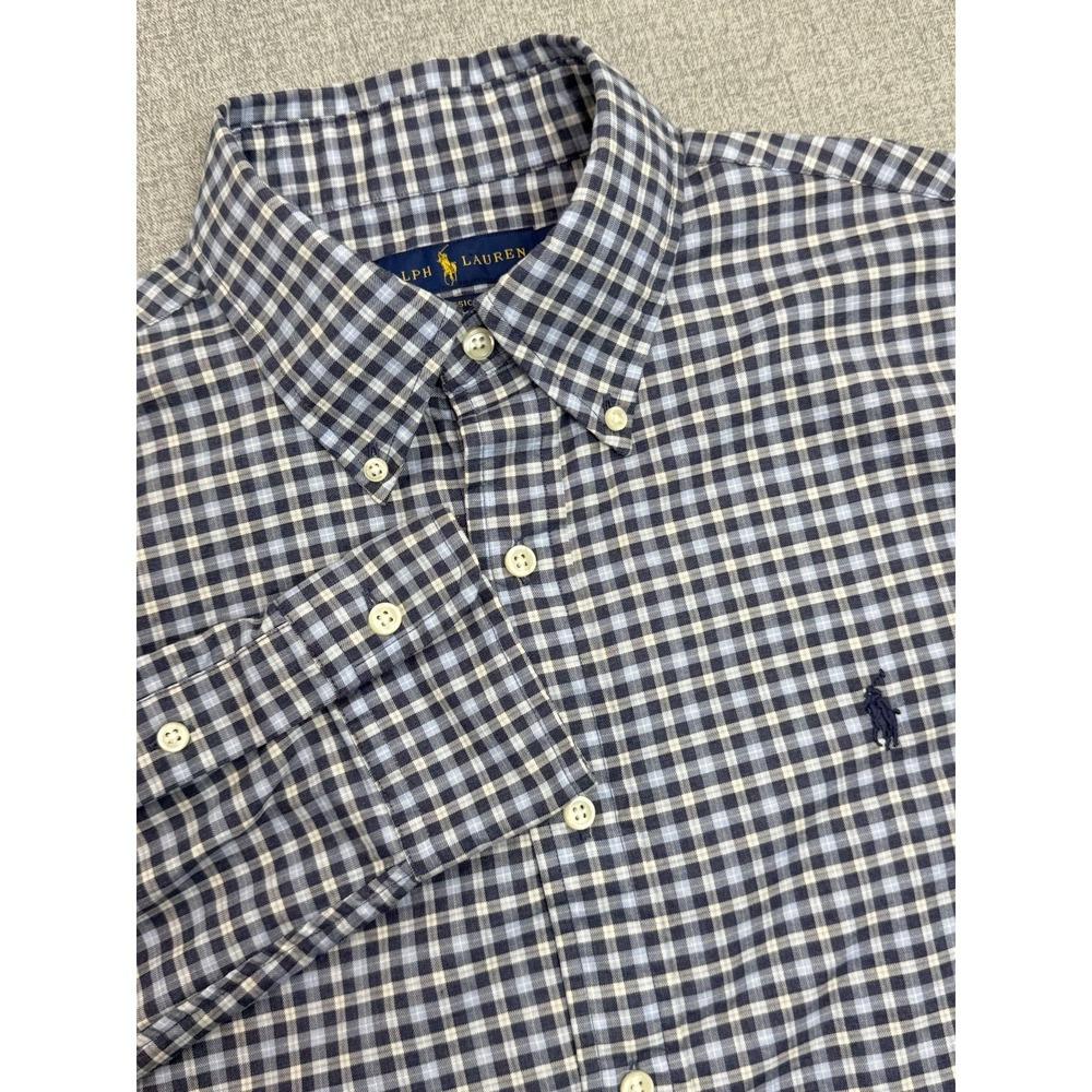 Ralph Lauren Shirt Mens Medium Blue White Plaid Custom Fit Button Down Preppy